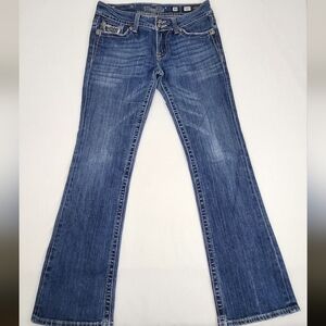 Miss Me Medium Wash Boot Cut Denim Jeans  Black lace And Jewel Embellishments